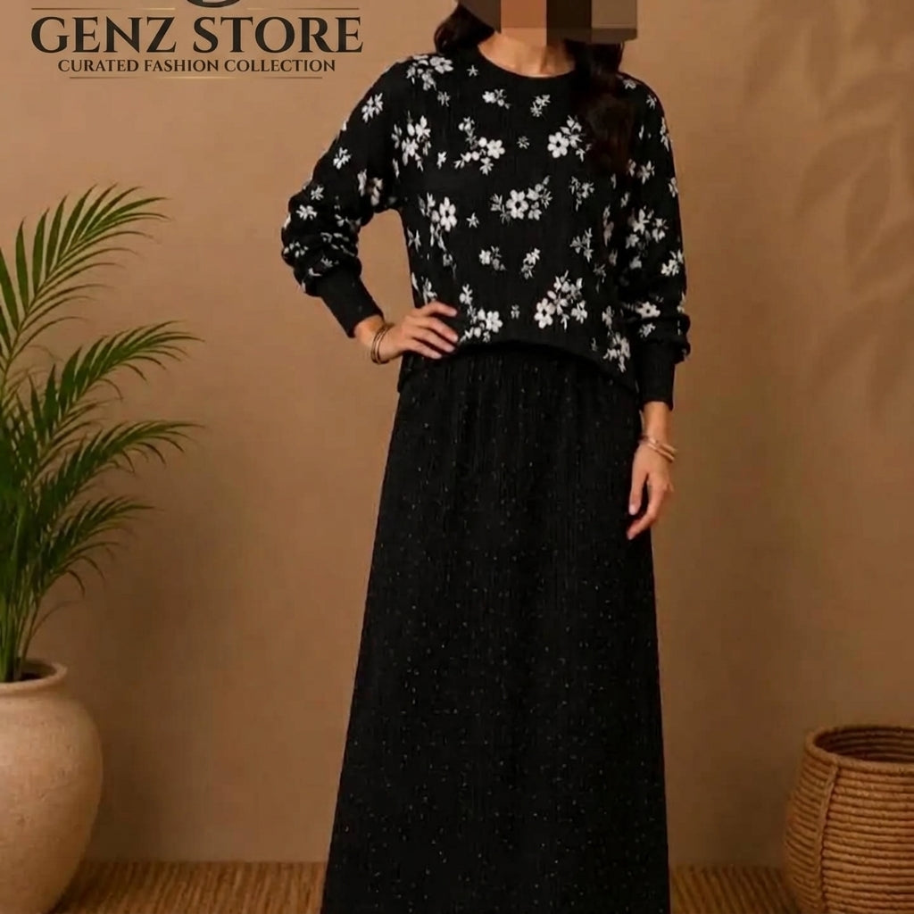 Black Floral Printed Two-Piece Dress for Women
