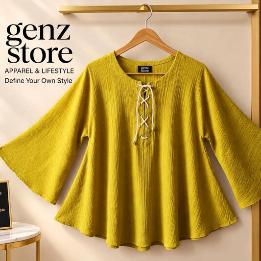 Mustard Yellow Lace-Up Flared Top for Women