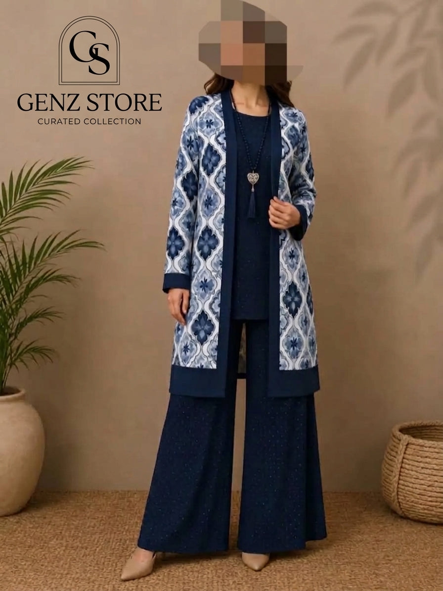Navy Blue Printed 3-Piece Co-Ord Set for Women