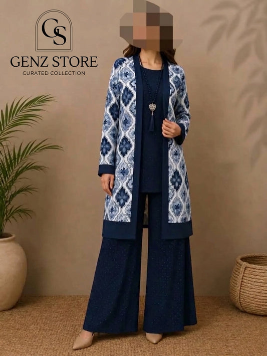 Navy Blue Printed 3-Piece Co-Ord Set for Women