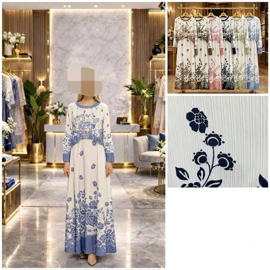 White & Blue Floral Printed Maxi Dress for Women