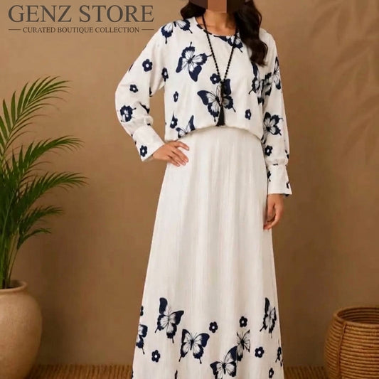 White & Navy Blue Butterfly Print Maxi Dress for Women