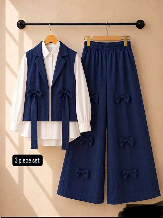 Navy Blue Bow Detail 3-Piece Set for Women